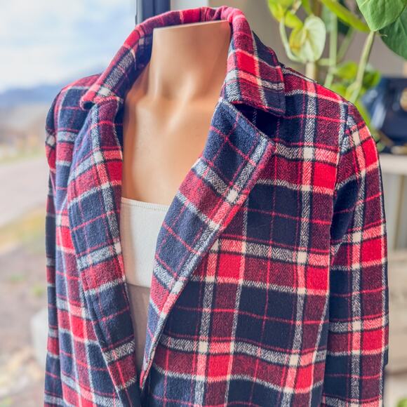 Hem & Thread Red & Navy Plaid Flannel Trench Style Coat Jacket, Women's Small - Picture 7 of 10